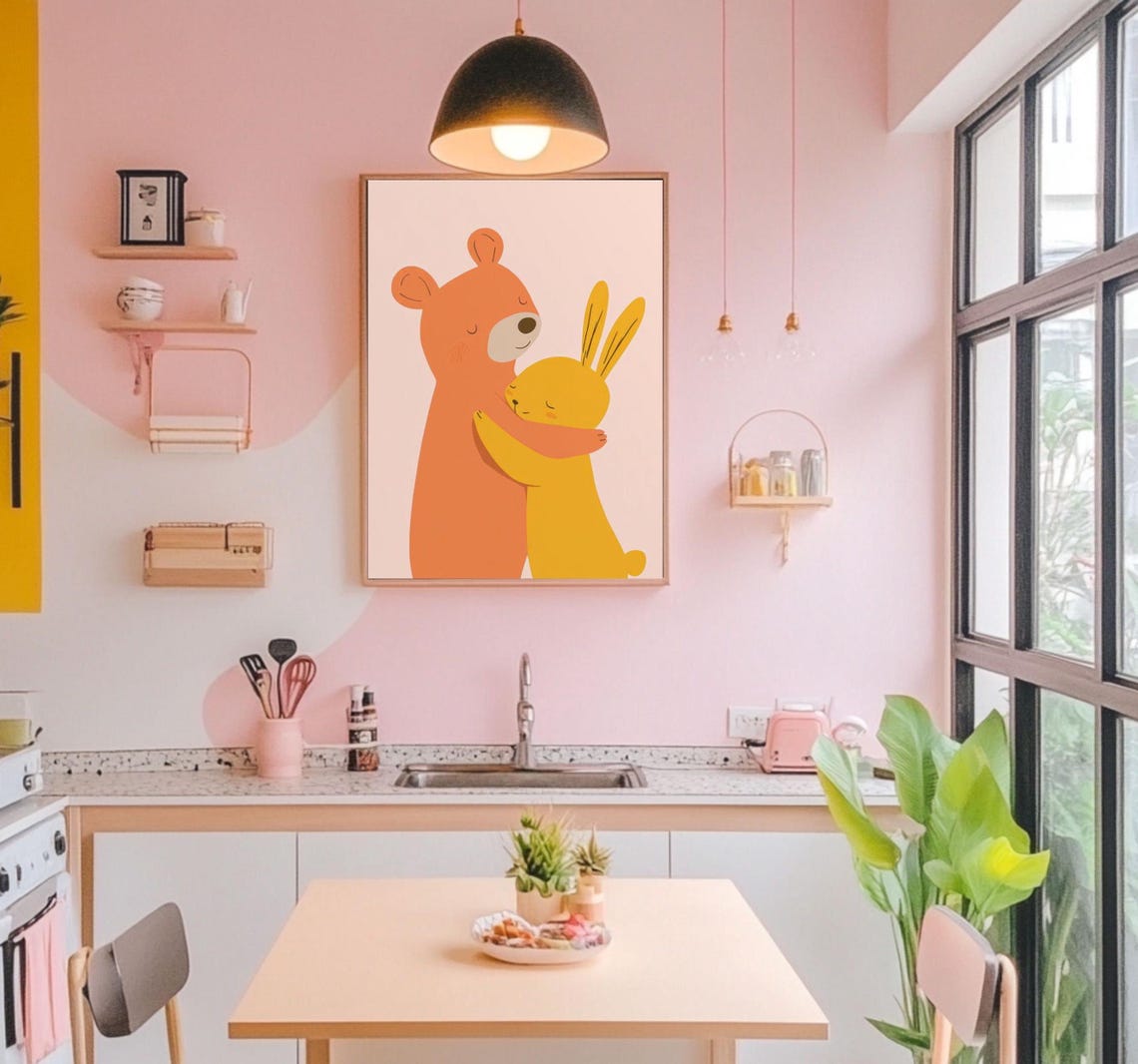 Cute Bear and Bunny Hugging in a Minimal Kids Nursery Art Poster