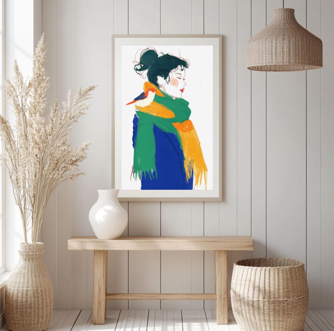 Artistic Woman With Bird Perched On Shoulder Colorful Ink Poster