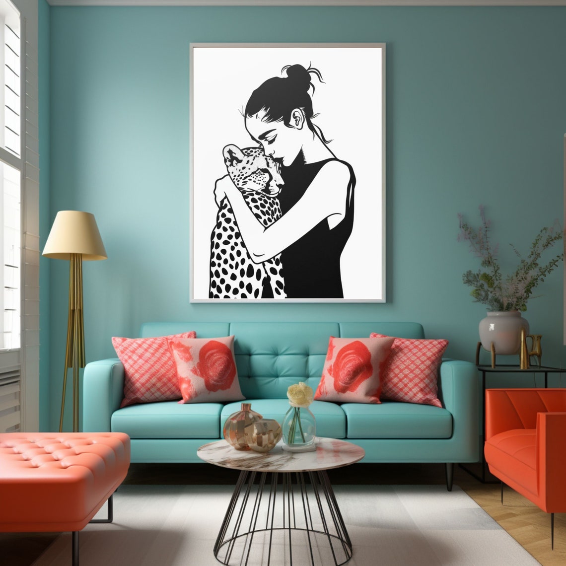 Woman Hugging Leopard Poster Bold Black And White Line Art Decor