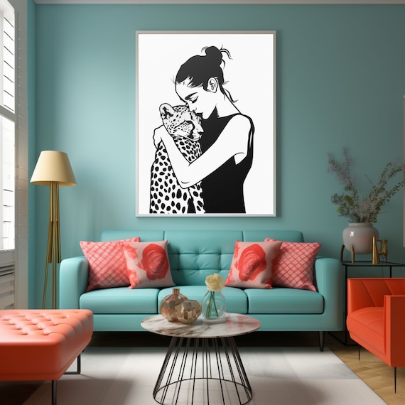 Woman Hugging Leopard Poster Bold Black And White Line Art Decor