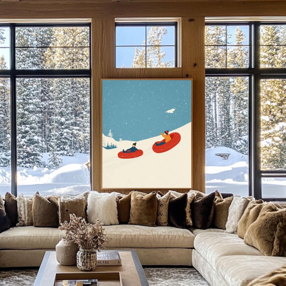 Snow Tubing Down a Snowy Hill on Red Tubes Illustration Poster
