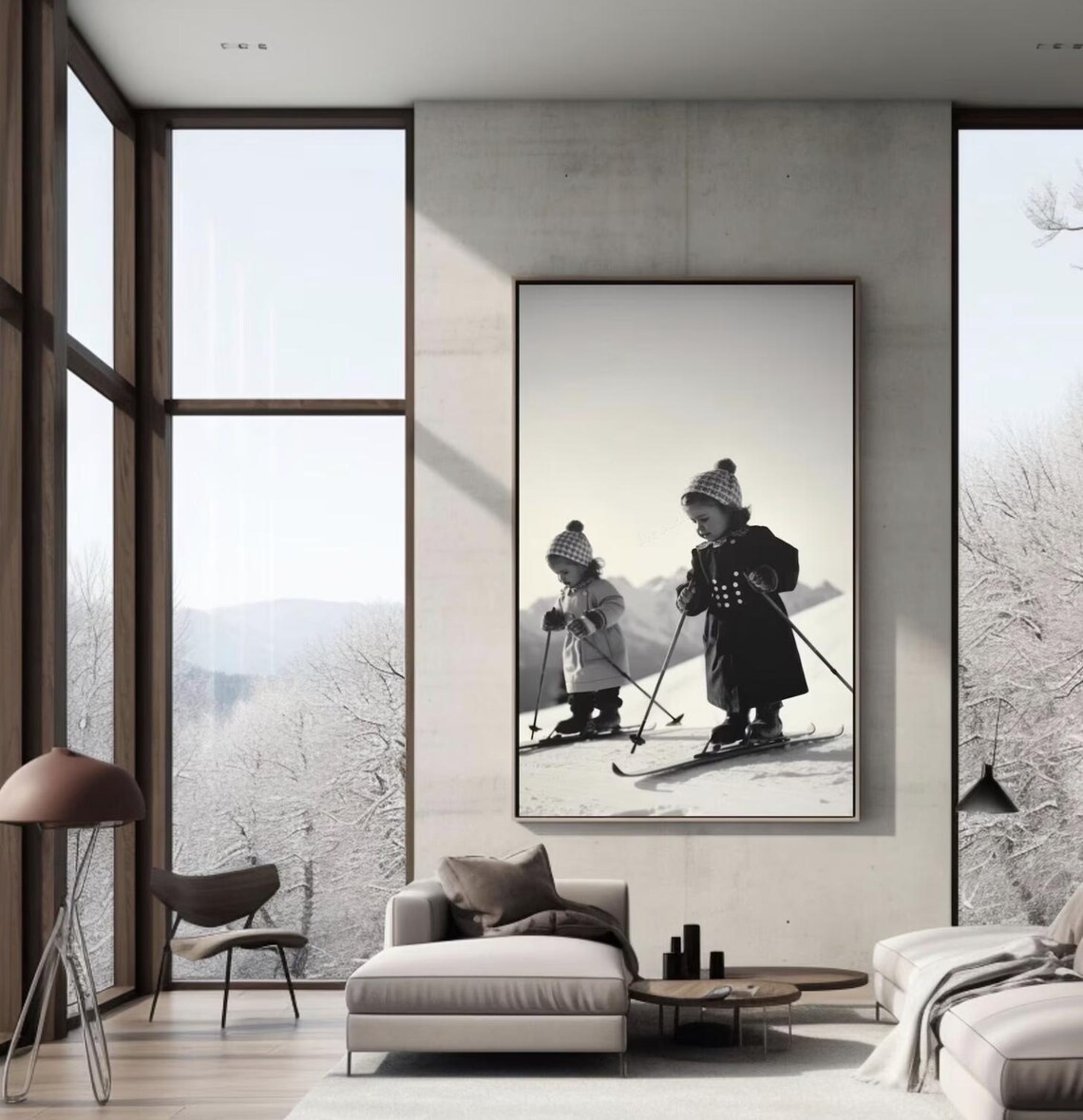 Vintage Black and White Photo of Kids Learning to Ski Art Poster