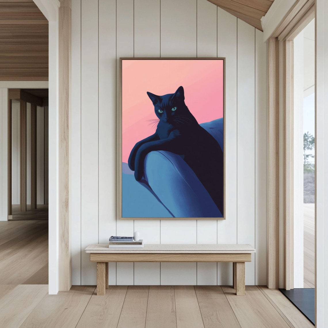 Modern Black Cat Lounging on Blue Chair Against Pink Sunset Poster