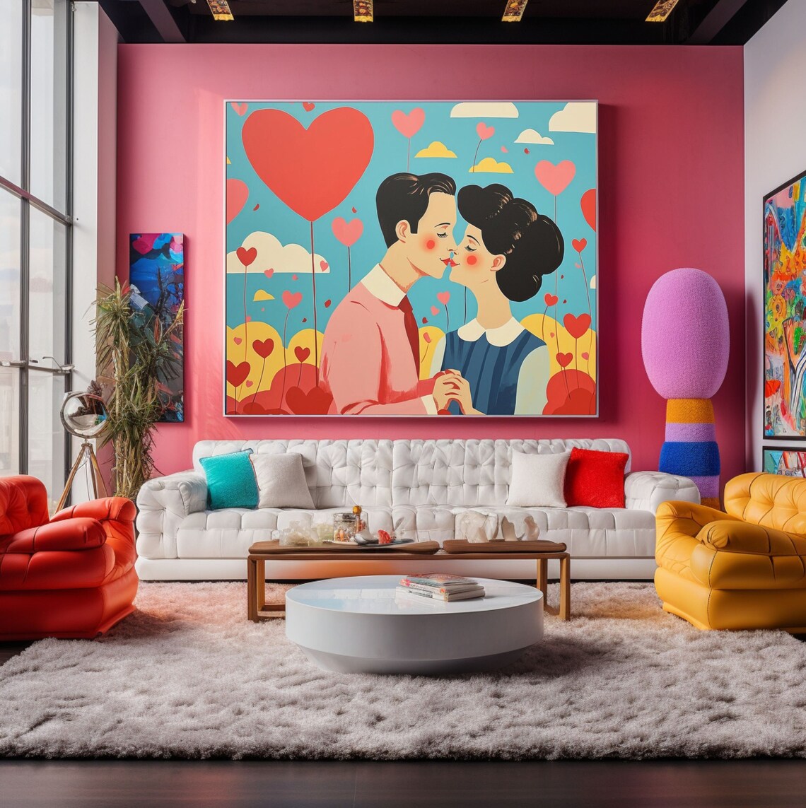 Retro Valentine Couple Kissing Among Heart Balloons Love Poster