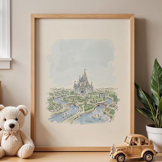 Fairy Tale Castle Art Print Whimsical Princess Nursery Wall Decor Vintage Storybook Fantasy Kids Room Poster Cottagecore Baby Girl Gift