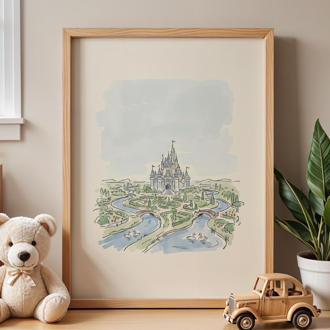 Fairytale Castle Watercolor Nursery Swan Moat Kids Room Art Poster