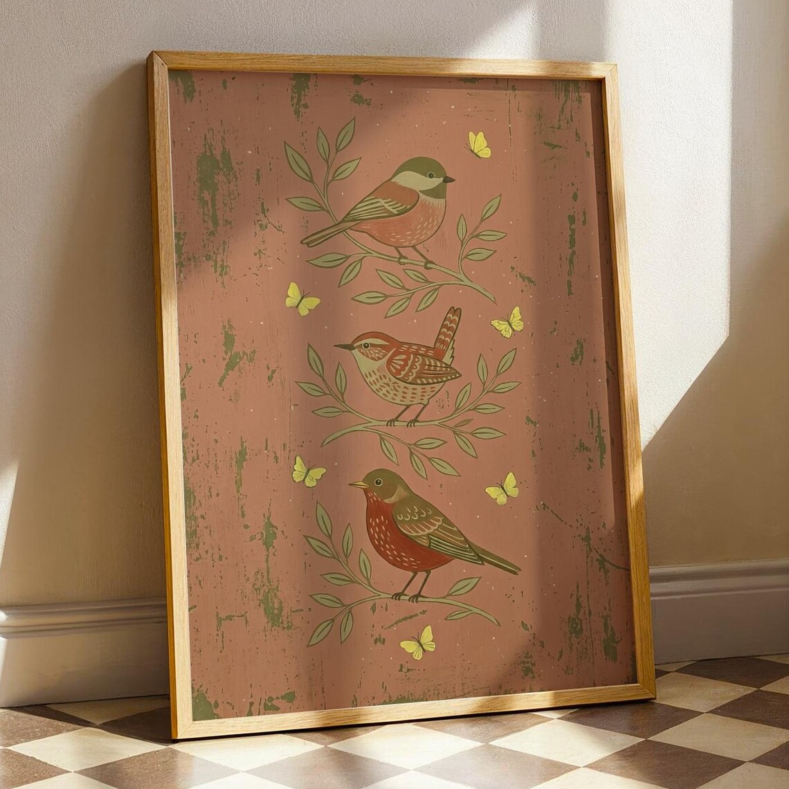 Folk Terracotta Songbirds Butterflies Vintage Rustic Bird Poster