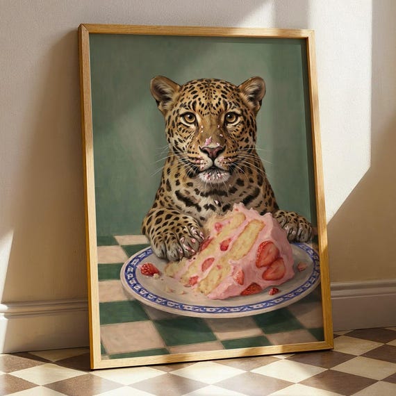 Leopard Eating Cake Art Print Whimsical Wild Animal Illustration For Kitchen Decor Foodie Strawberry Dessert Poster Digital Download