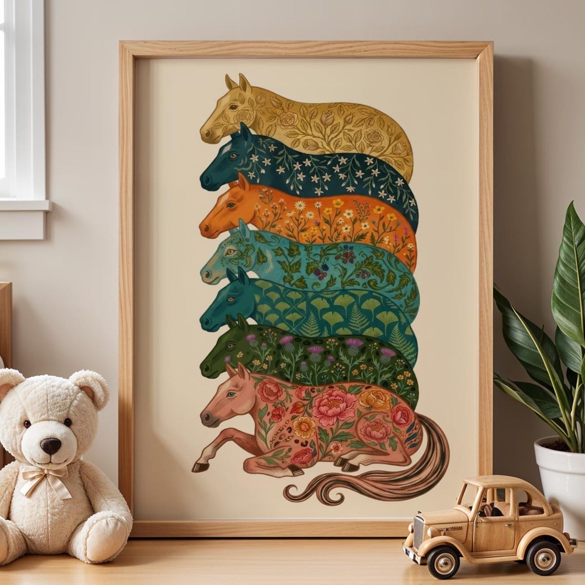Seven Colorful Floral Patterned Horses Stacked Boho Equestrian Poster