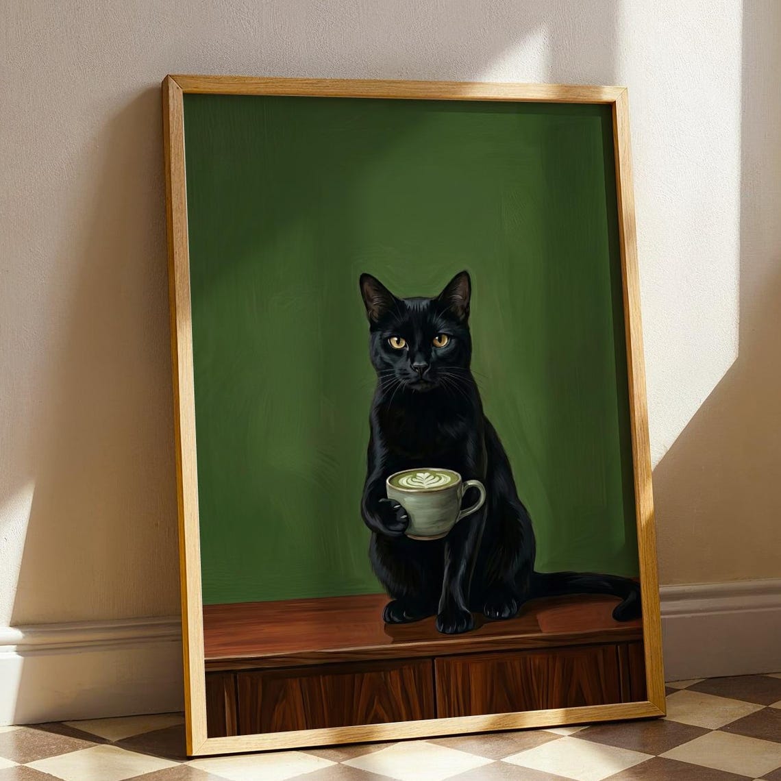Black Cat Matcha Latte Art Print Quirky Lover Gift Poster Coffee Bar Printable Funny Moody Maximalist Decor Digital Download