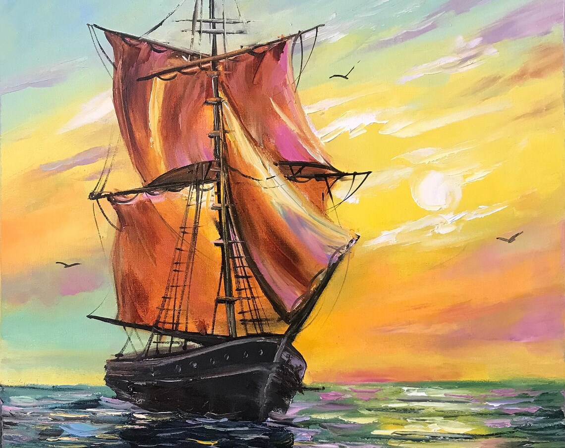Tall Ship Red Sails Sunset Golden Yellow Sky Ocean Seascape Art Poster