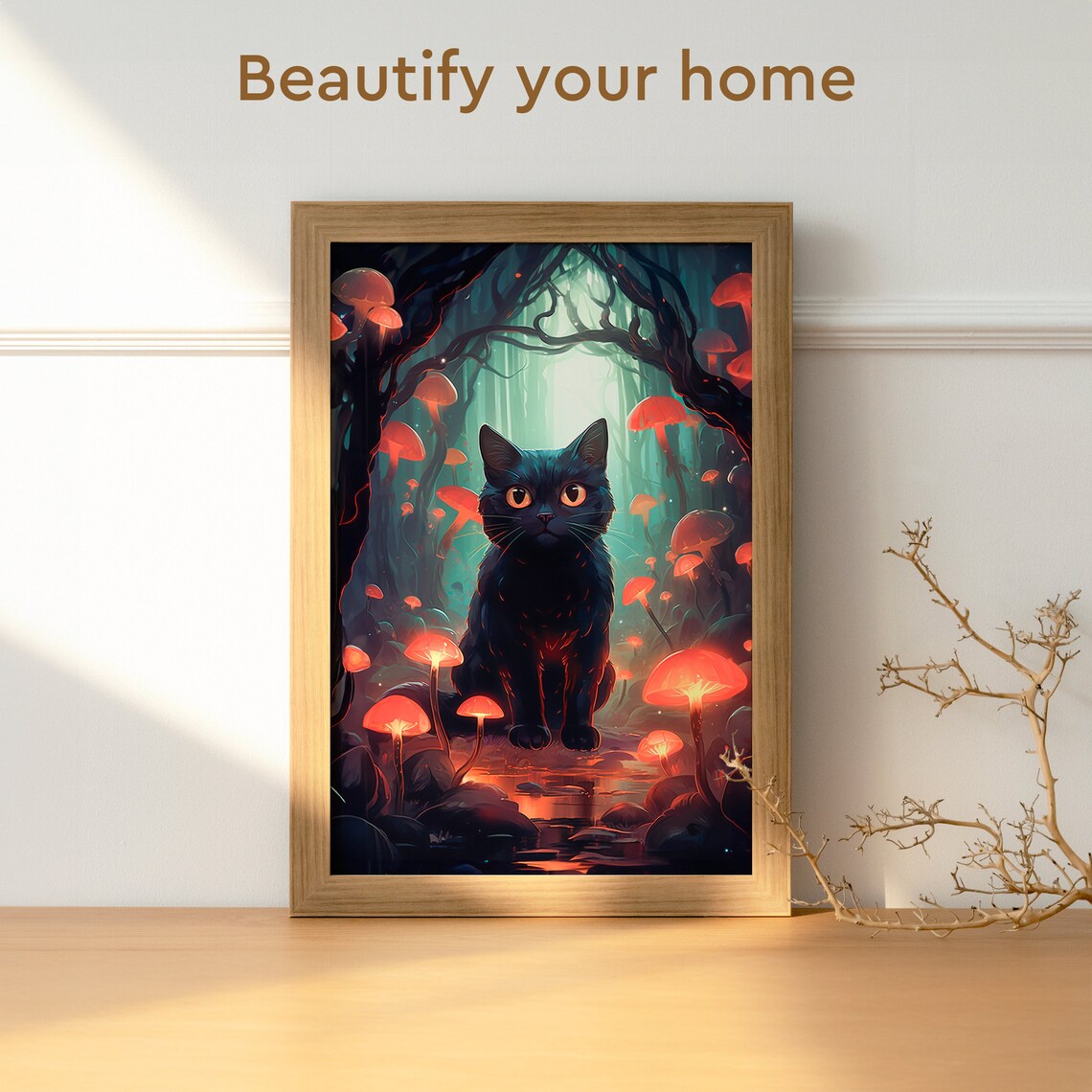 Black Cat Glowing Mushroom Forest Night Magical Red Cap Fungi Poster - Image 3