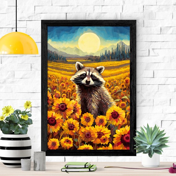 Sunflower Field Raccoon Retro Flower Art Print