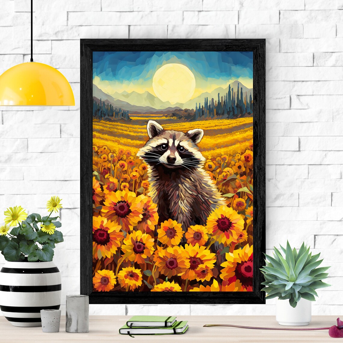 Sunflower Field Raccoon Retro Flower Art Print