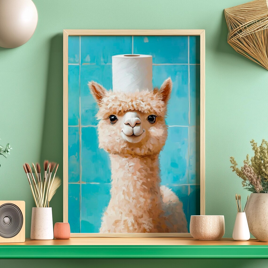 Funny Alpaca Portrait, Bathroom Wall Art Print