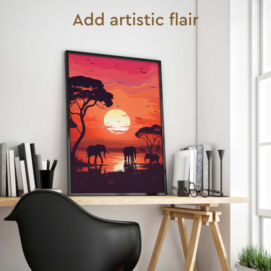 African Safari Sunset Elephants Giraffes Waterhole Silhouette Poster - Image 2