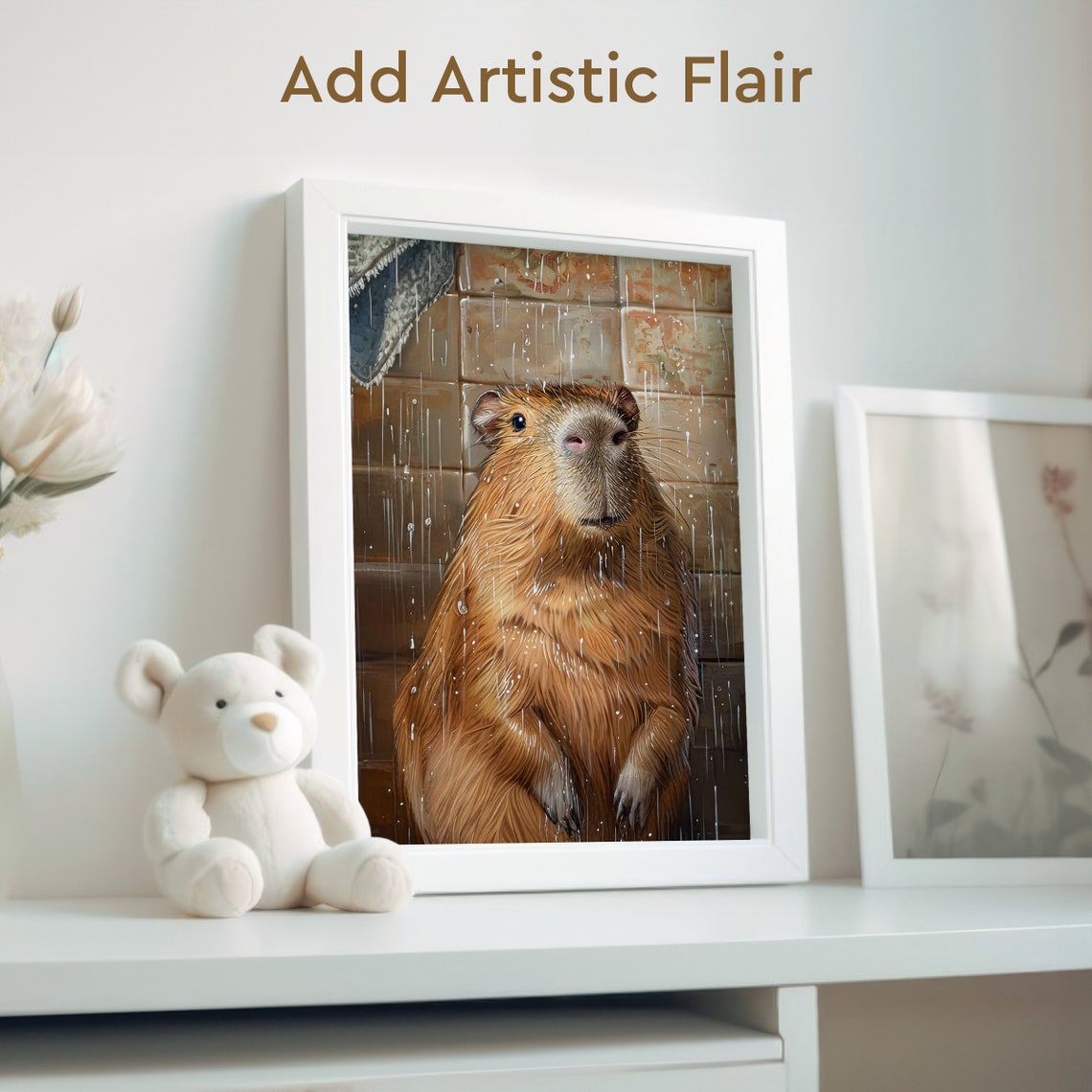 Happy Capybara Taking a Shower Under Falling Water Art Poster - Image 2