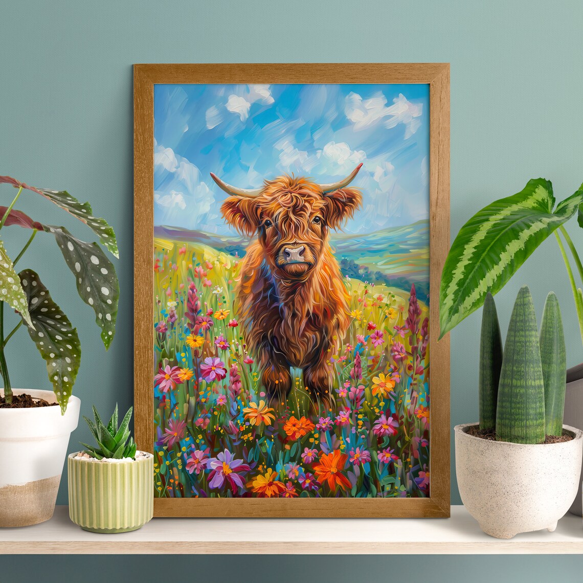 Highland Cow Floral Poster, Farmhouse Nursery Decor
