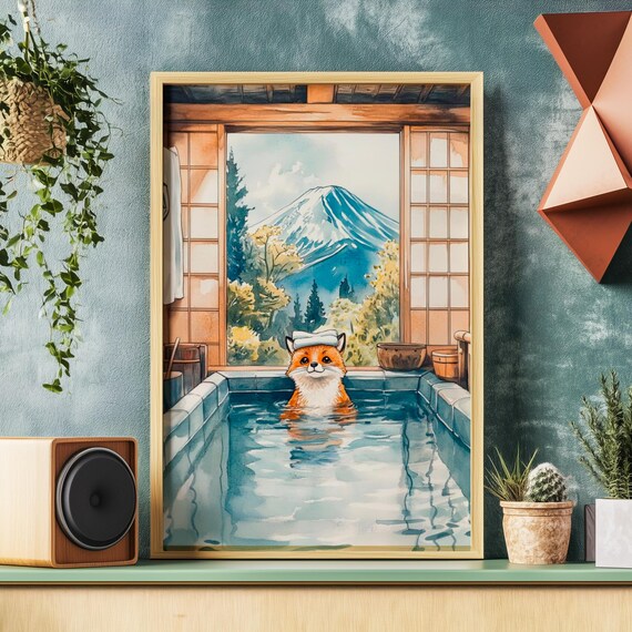 Smiling Red Fox Soaking in Japanese Onsen Bath With Mount Fuji Window View Poster