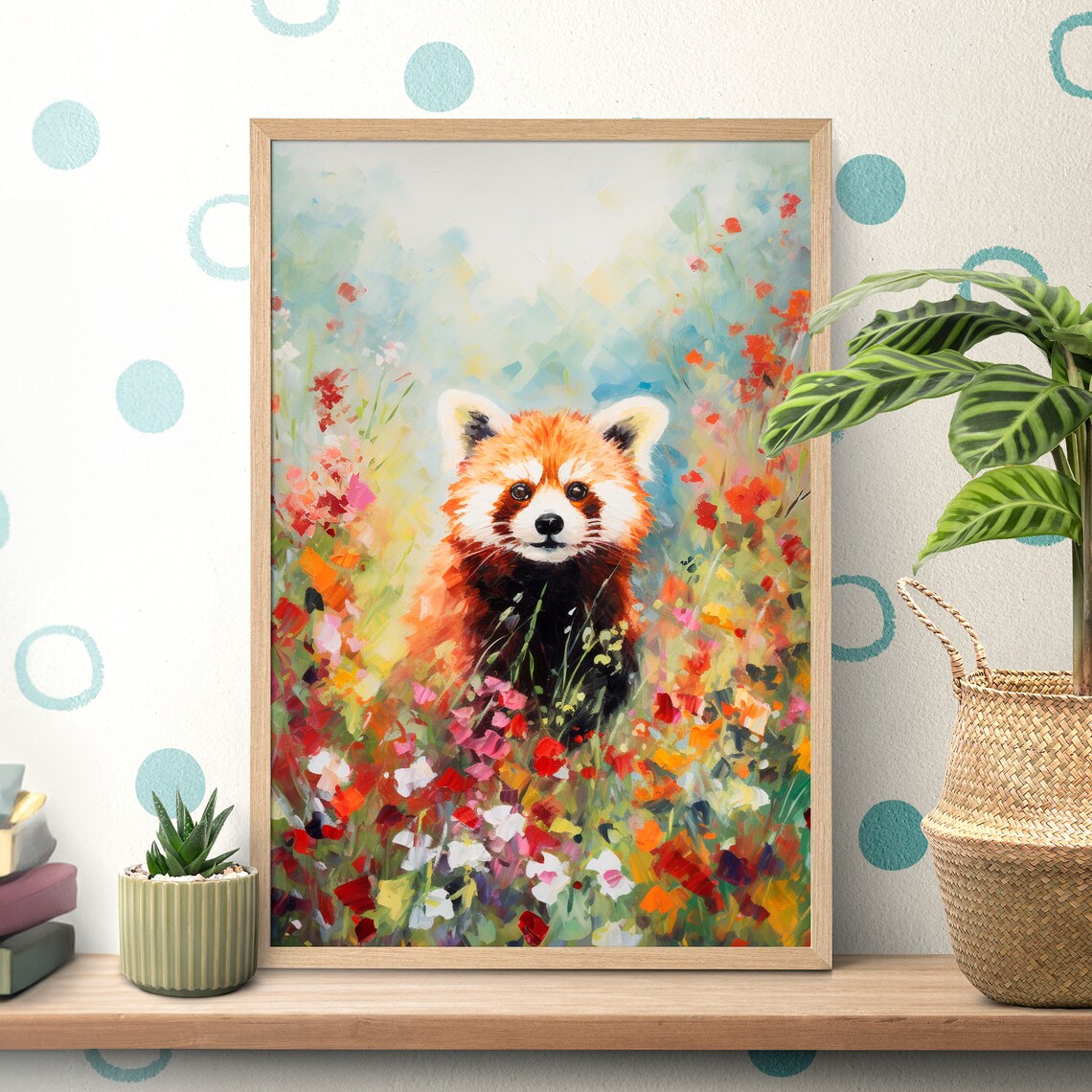 Cute Red Panda Peeking Through a Colorful Wildflower Meadow Poster