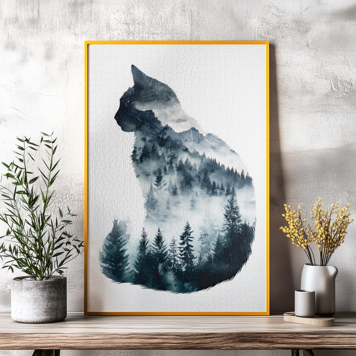 Mountain Forest Cat Silhouette Watercolor Art Print