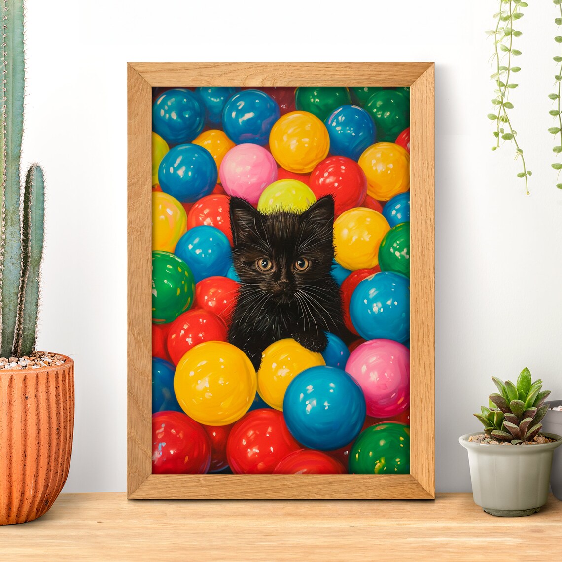 Black Kitten Peeking Out of a Colorful Ball Pit Oil Painting Poster