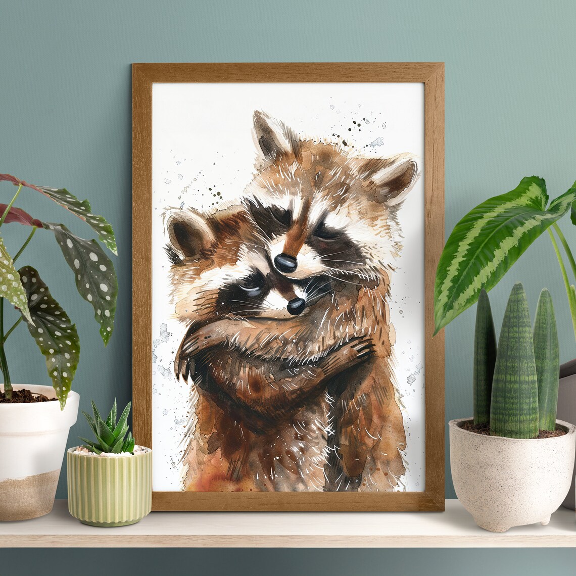 Two Raccoons Hugging in a Sweet Watercolor Wildlife Portrait Poster