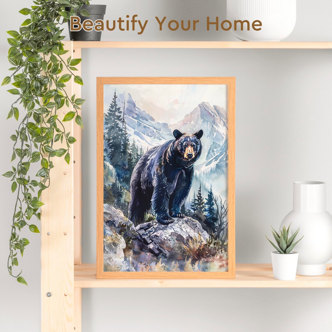 Majestic Black Bear Standing on a Rock in Snowy Mountains Poster - Image 3