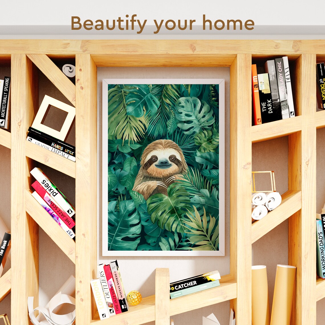 Rainforest Monstera Sloth Watercolor Poster, Funny Wildlife - Image 3