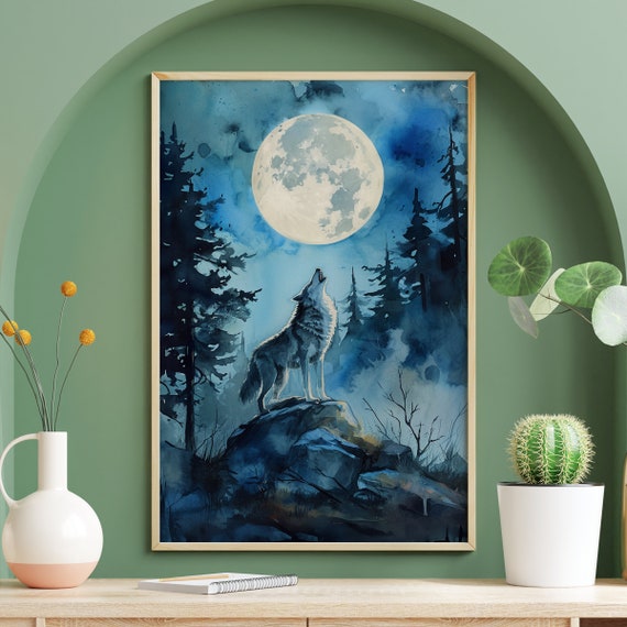 Moonlit Forest Howling Wolf Vintage Nature Poster
