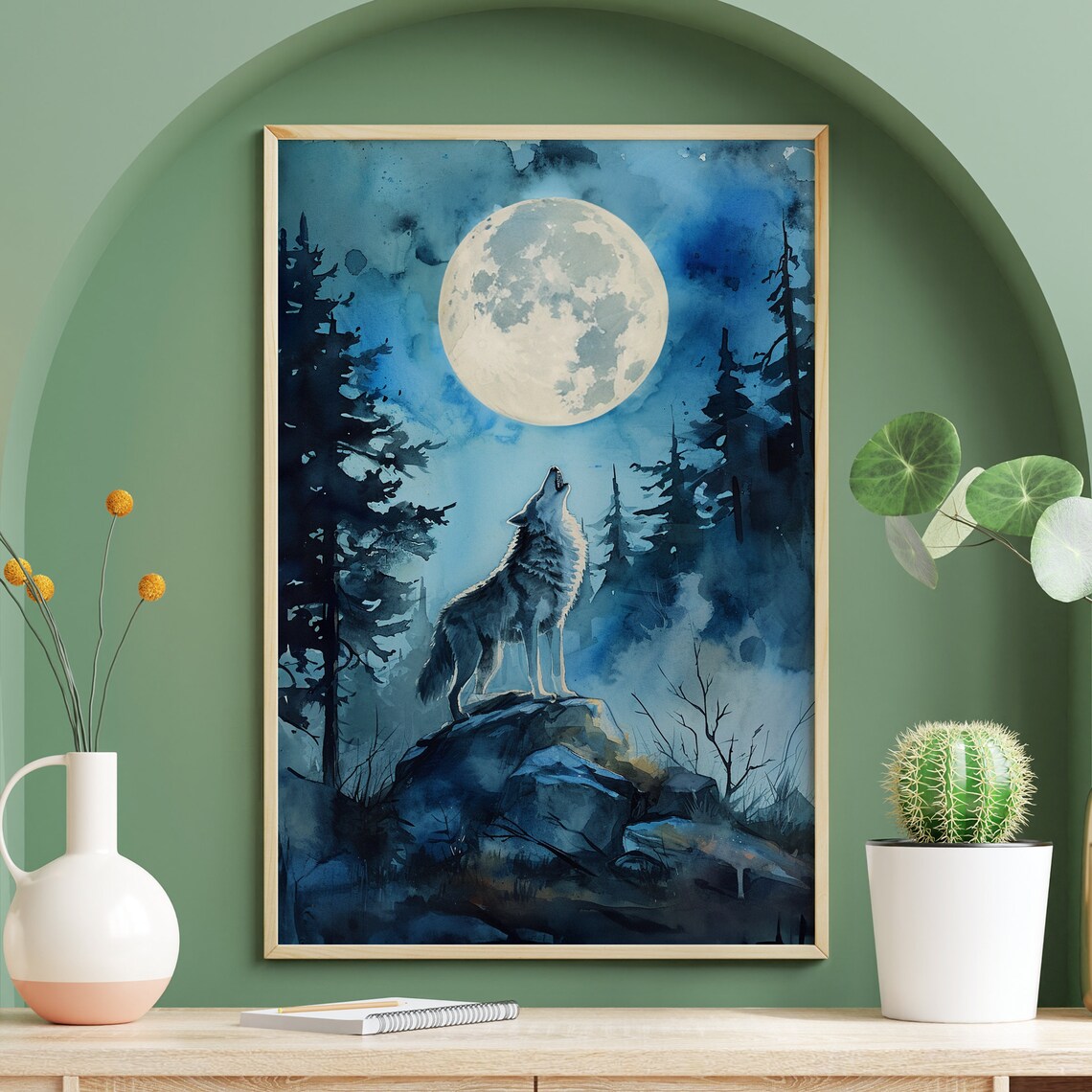 Moonlit Forest Howling Wolf Vintage Nature Poster