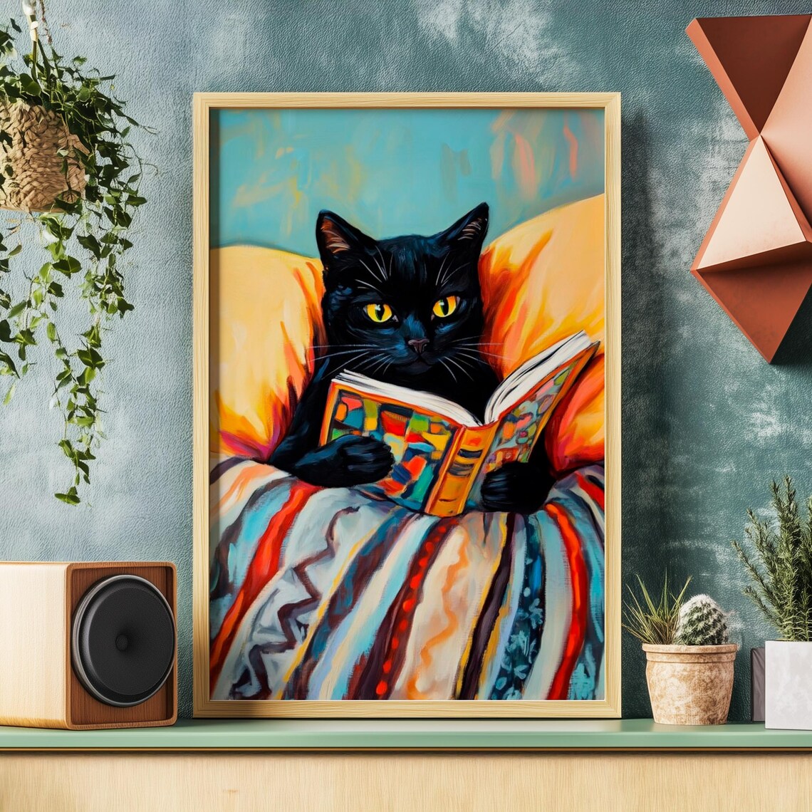 Black Cat With Golden Eyes Reading a Picture Book Tucked Cozy in Bed Poster
