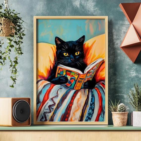 Black Cat With Golden Eyes Reading a Picture Book Tucked Cozy in Bed Poster