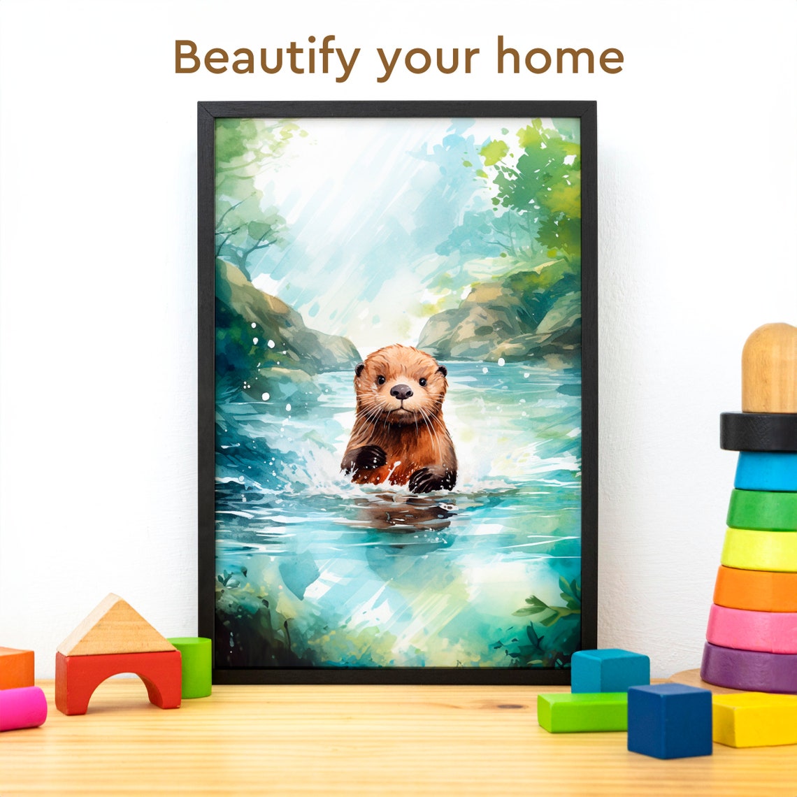 Cute River Otter Splashing in a Sparkling Forest Stream Poster - Image 3