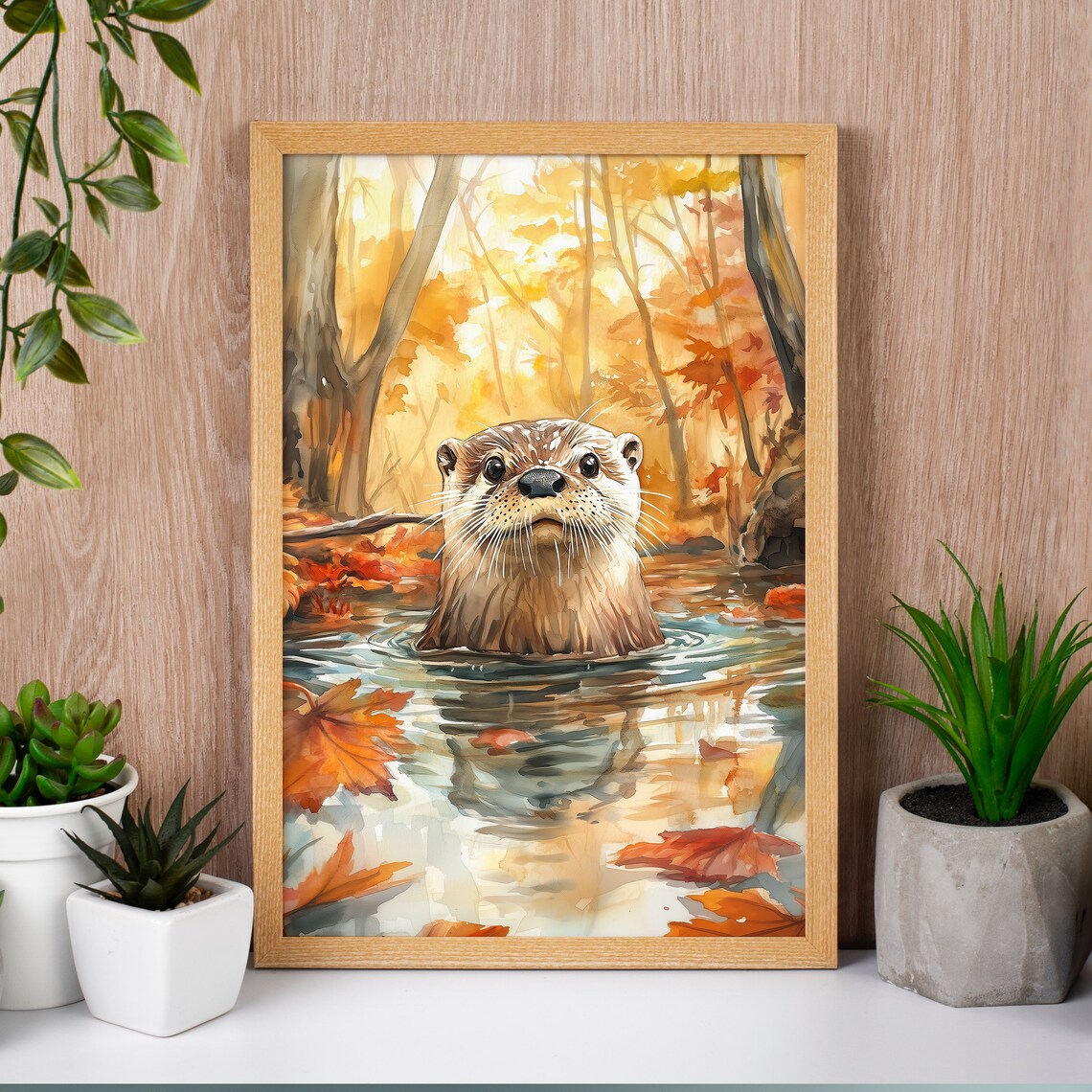 Otter in Autumn Stream with Falling Maple Leaves Watercolor Poster