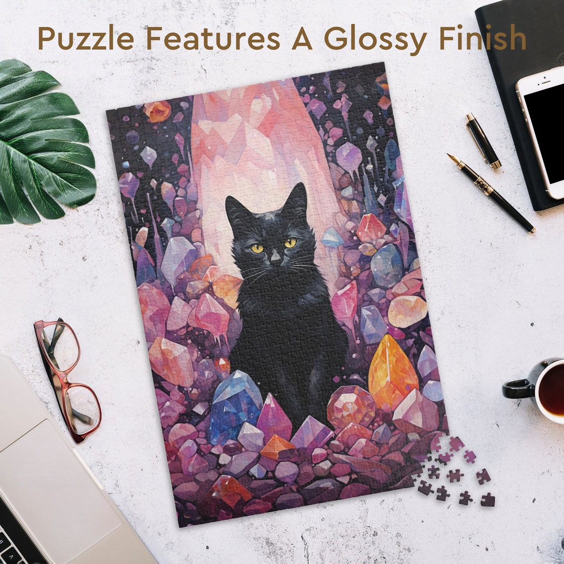 Black Cat Sitting Among Glowing Amethyst Crystal Cave Poster - Image 3