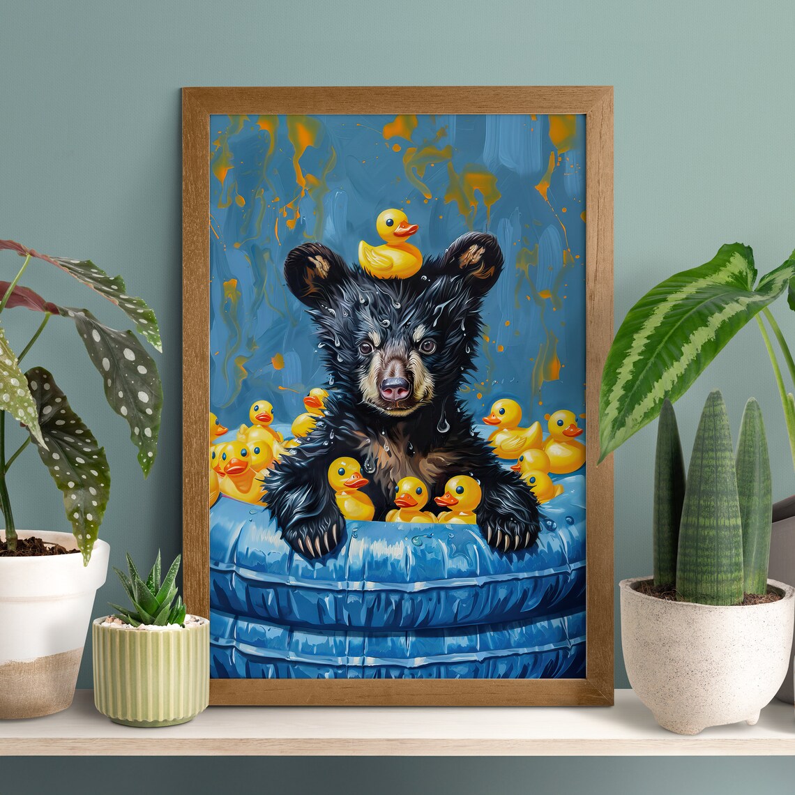 Bear Cub Splashing in a Pool Full of Yellow Rubber Ducks Poster