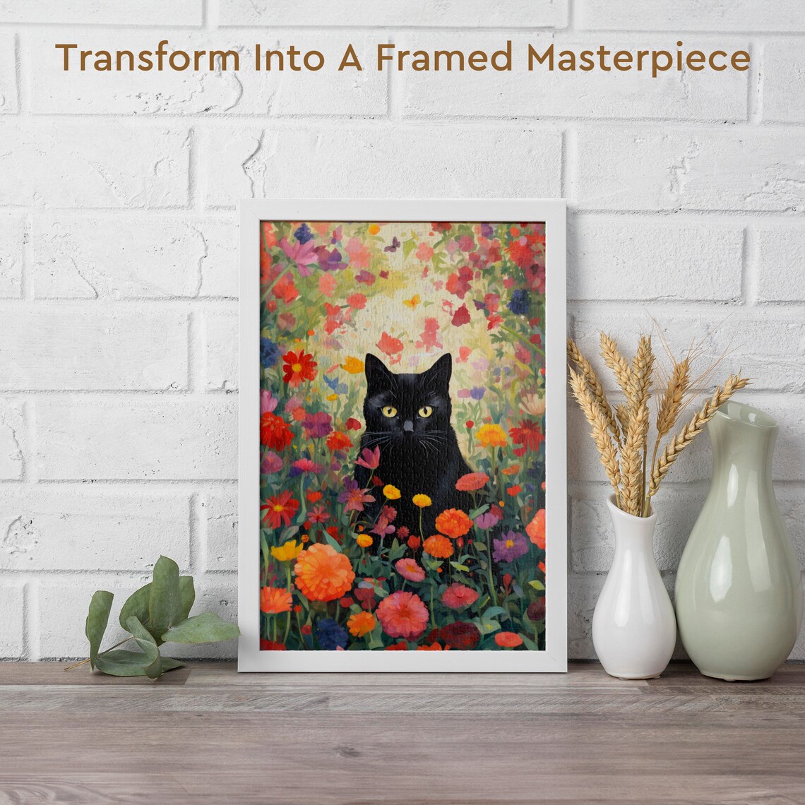 Black Cat Garden Flowers Jigsaw Puzzle Art Print - Image 2