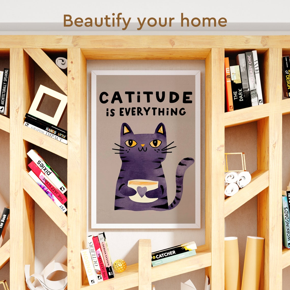 Catitude Is Everything Purple Tabby Cat Coffee Cup Funny Quote Poster - Image 3