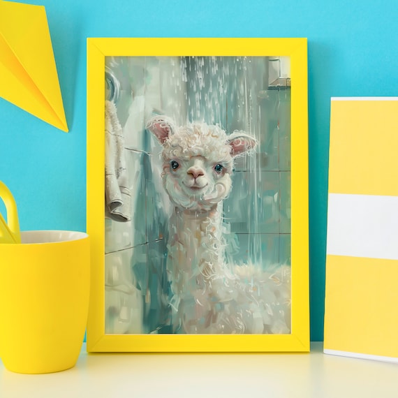 Fluffy White Alpaca Standing Under Rain Shower Spray Wet Fur Poster