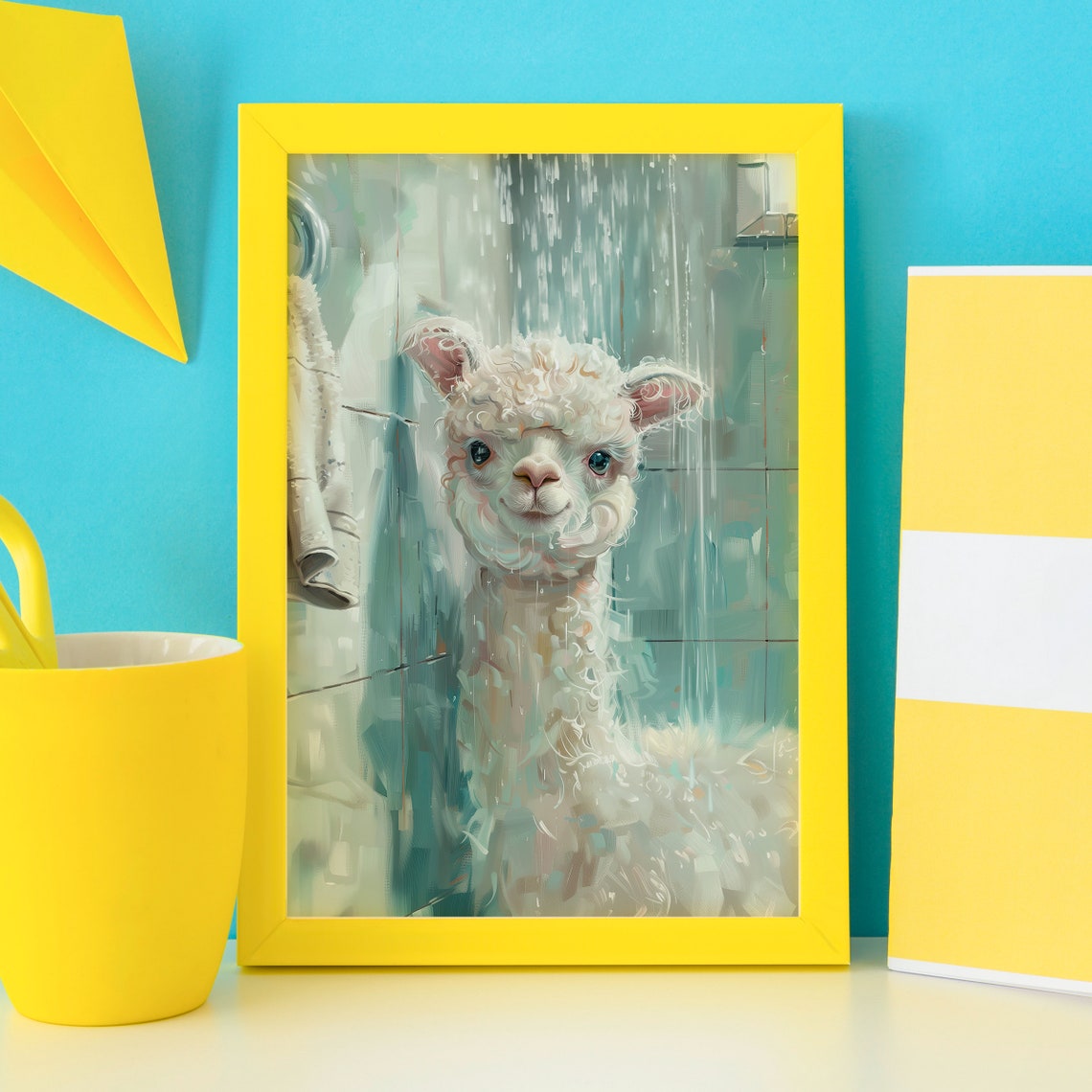 Fluffy White Alpaca Standing Under Rain Shower Spray Wet Fur Poster