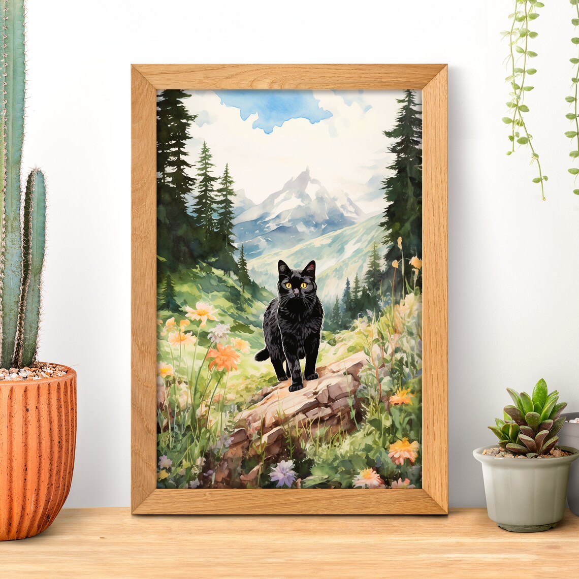 Hiking Black Cat Watercolor Travel Poster, Retro Print