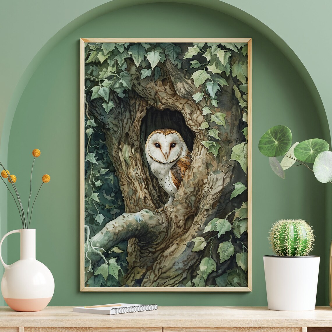Tree Hollow Barn Owl, Vintage Forest Art Print