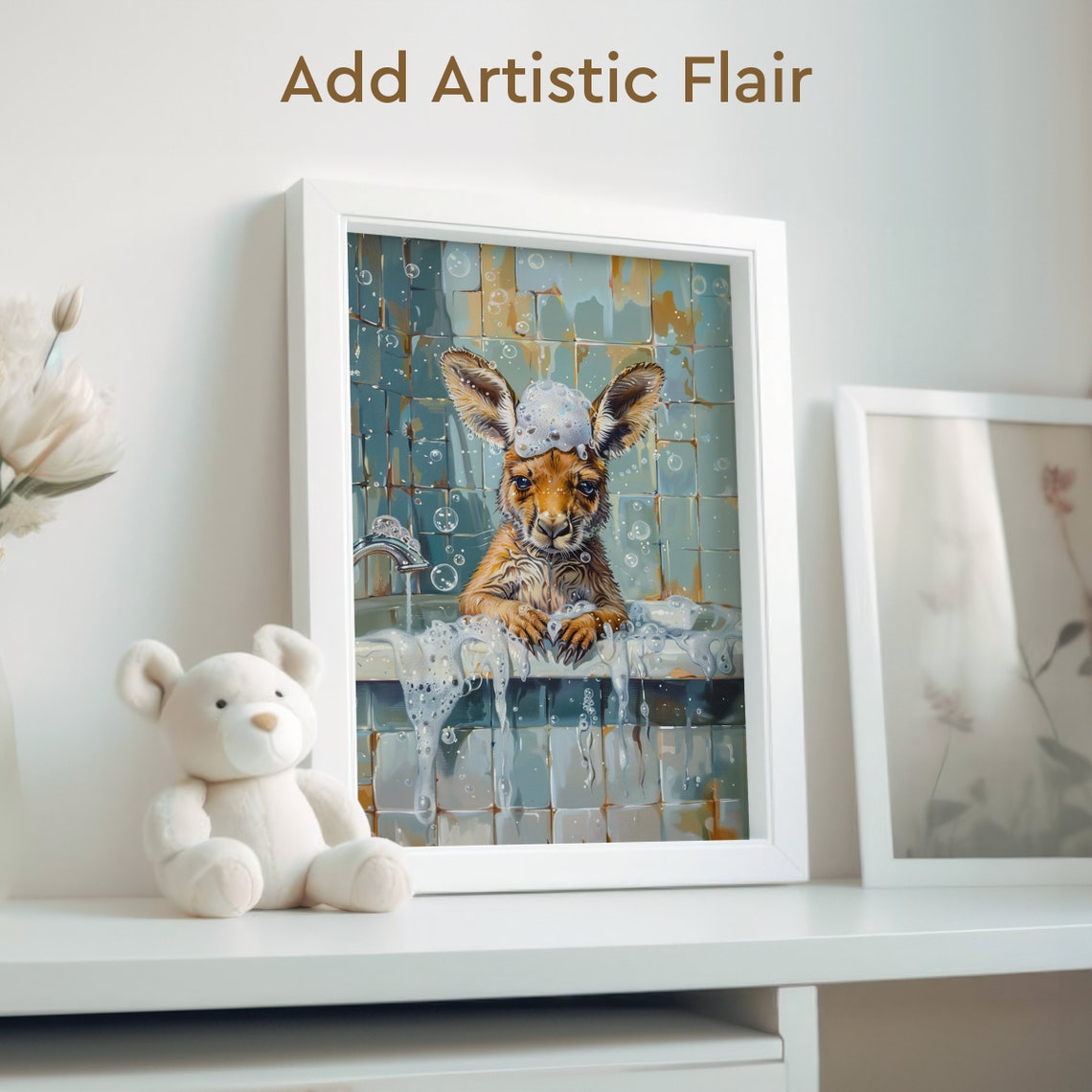 Baby Kangaroo Bubble Bath in Blue Tiled Bathroom Cute Art Poster - Image 2