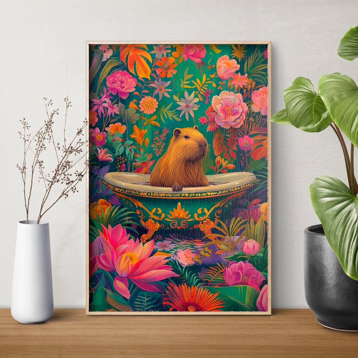 Relaxed Capybara Soaking in a Floral Bathtub Tropical Bloom Poster