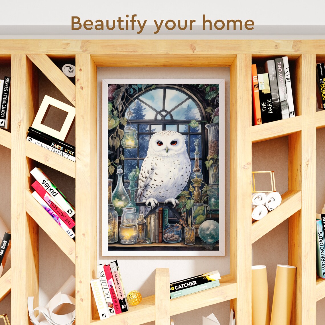 Snowy White Owl in a Magical Apothecary Potion Shop Scene Poster - Image 3