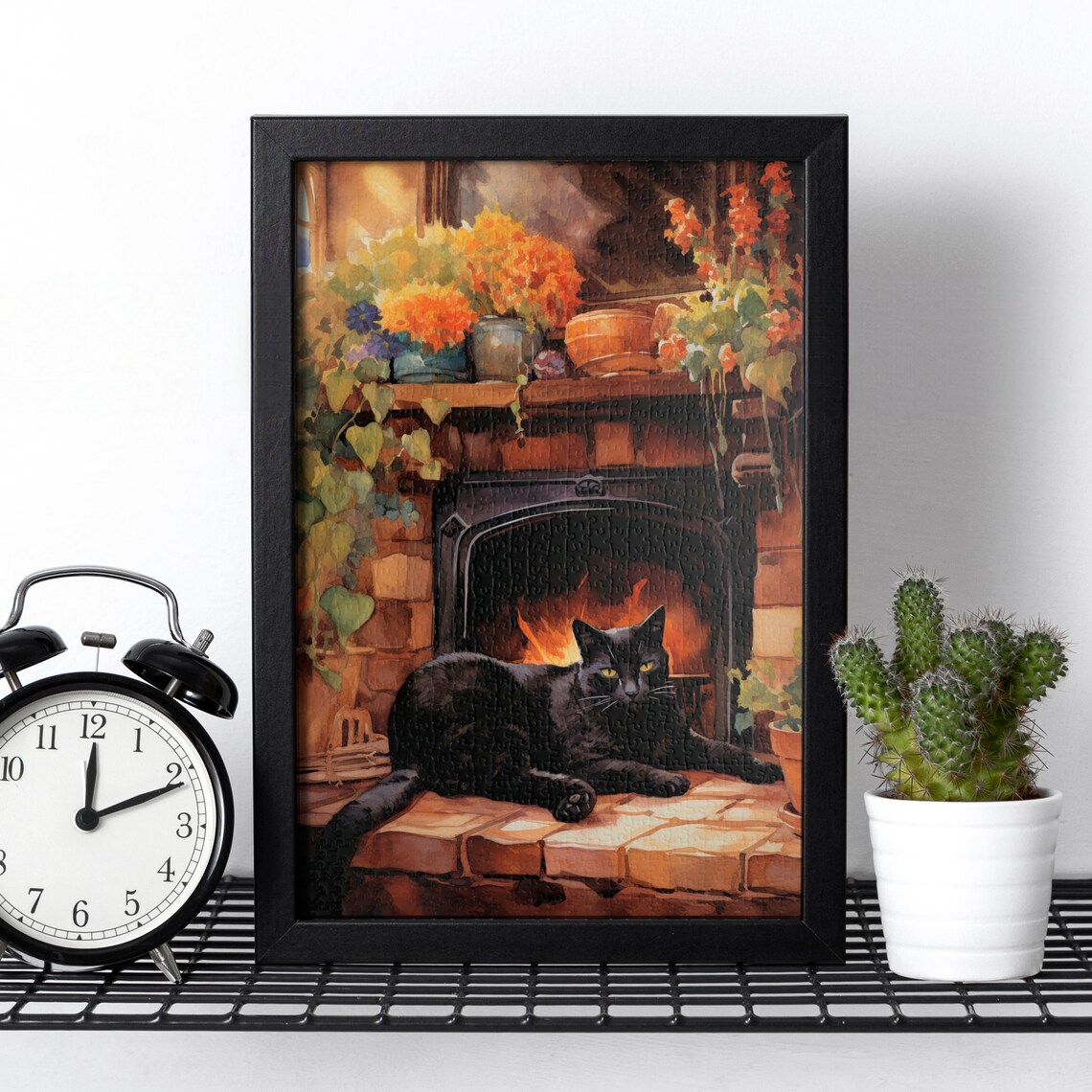 Black Cat Lounging by a Crackling Fireplace Under a Floral Mantel Poster