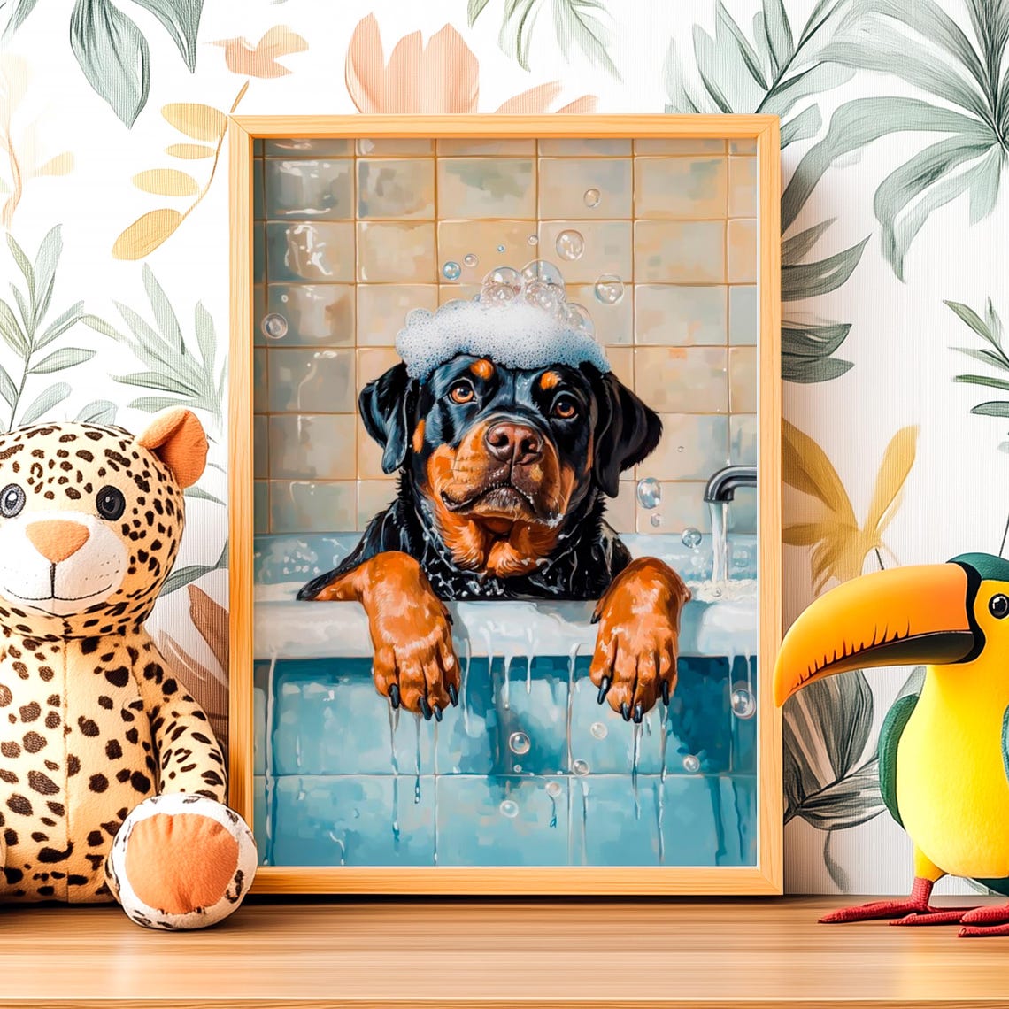 Rottweiler Puppy Bubble Bath With a Foam Hat Portrait Poster