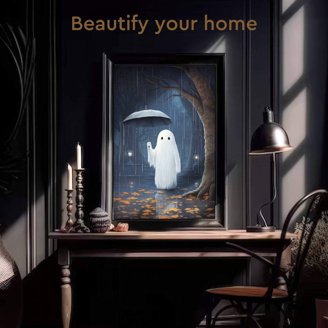 Cute Ghost Holding an Umbrella in the Rainy Night Forest Poster - Image 3