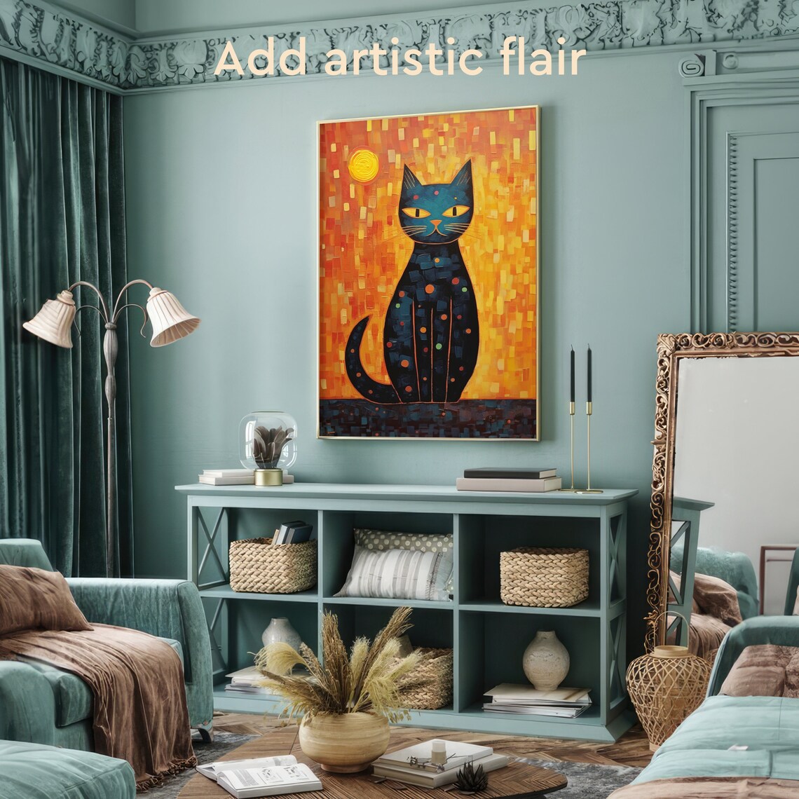 Abstract Mosaic Black Cat Fiery Orange Sunset Modern Artwork Poster - Image 2